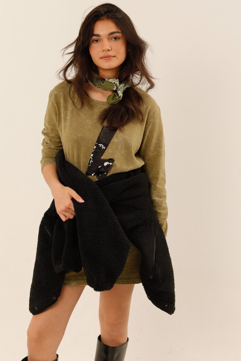 ROBE ANGIE KAKI / SEQUIN NOIR XS - ONE TEE