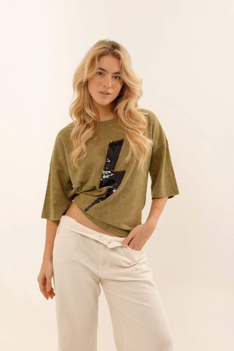 T - SHIRT ANGIE KAKI / SEQUIN NOIR XS - ONE TEE